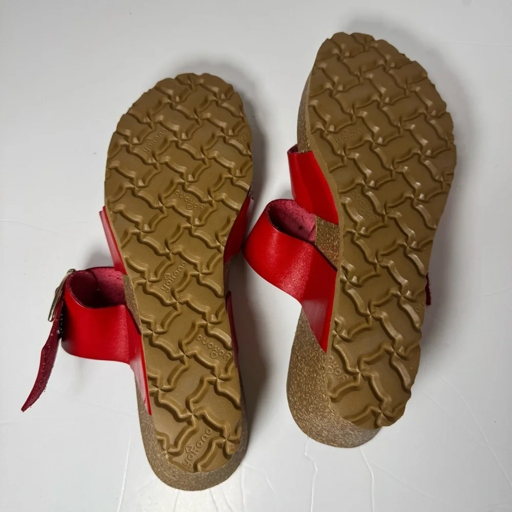 Yokono Red Leather Wedge Sandals Size 38 7 Buckle Strap Cork Platform Spain